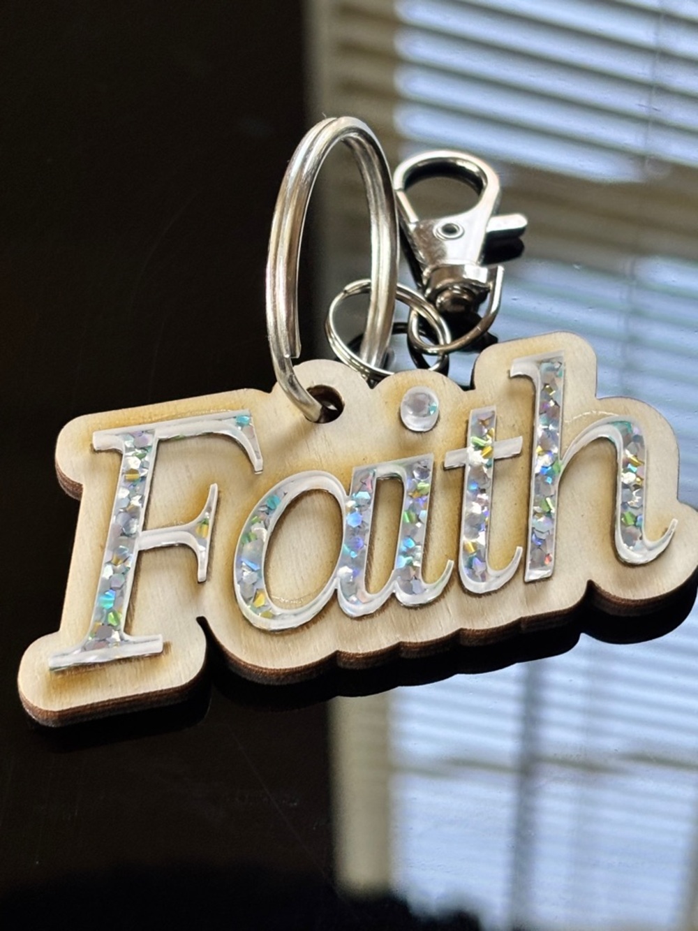 'Faith' Wood Keychain with Sparkle Inlay